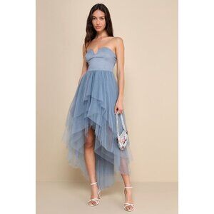 Lulus Precious Angel Slate Blue Mesh Strapless High-low Maxi Dress - Size S